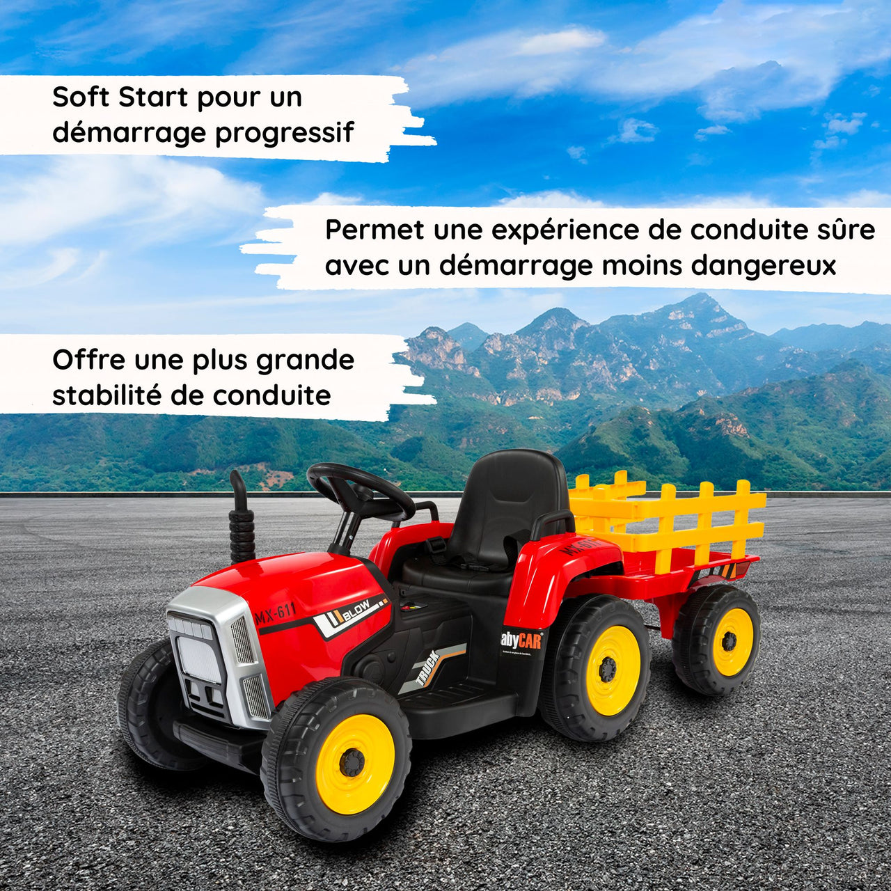 Tracteur electrique avec remorque rouge soft start#couleur_rouge